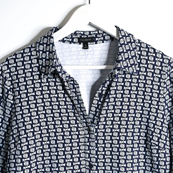 TALBOTS Navy Light Blue White Chain Pattern 3/4 Sleeves Button Down Top - Sz Med - Picture 3 of 10